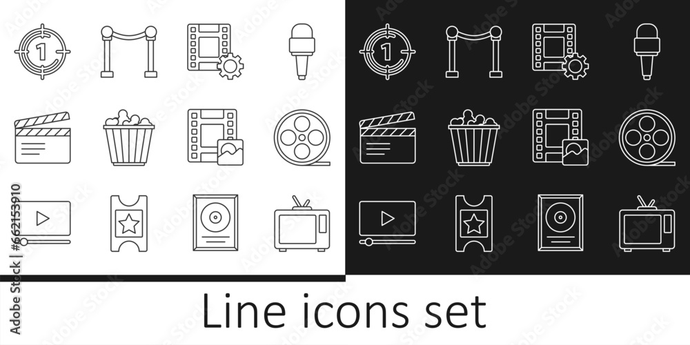 Set line Retro tv, Film reel, Play Video, Popcorn in box, Movie clapper, Old film movie countdown frame, and Rope barrier icon. Vector