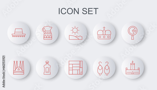 Set line Montjuic castle, Sagrada Familia, Beach, Earrings, Spanish hat, Sangria pitcher, Orujo and House Edificio Mirador icon. Vector