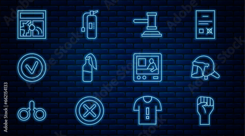 Set line Raised hand with clenched fist, Police helmet, Judge gavel, Cocktail molotov, Check mark in round, Broken window, Television report and Fire extinguisher icon. Vector
