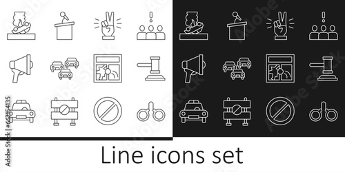 Set line Handcuffs, Judge gavel, showing two finger, Traffic jam, Megaphone, Burning car, Broken window and Stage stand or tribune icon. Vector