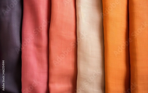 Colorful linen fabric collection background. Natural beauty, earth tones texture samples.