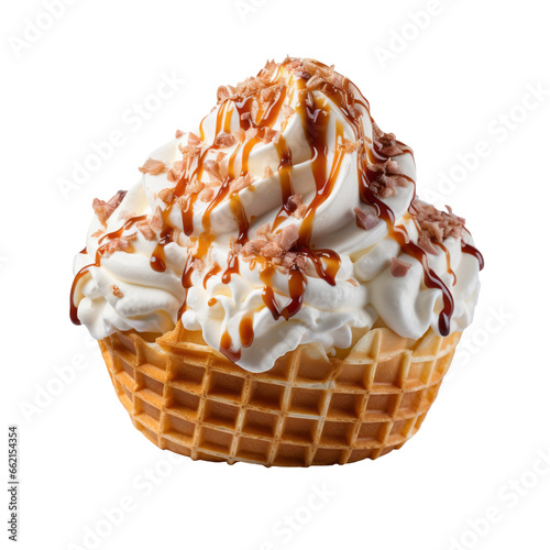 Ice cream scoop on waffle cone isolated on transparent background