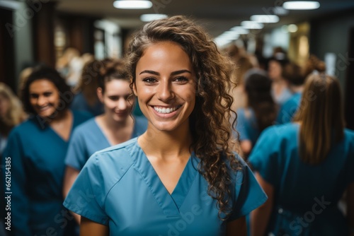 Young nursing student standing in front of her team