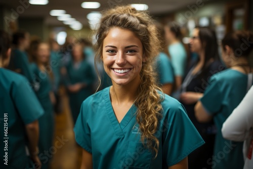 Young nursing student standing in front of her team