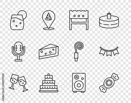 Set line Glass of champagne, Candy, BBQ brazier, Cake with burning candles, Cocktail, Piece cake, Stereo speaker and Carnival garland flags icon. Vector