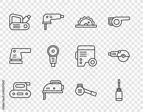 Set line Electric planer tool, Screwdriver, circular saw, jigsaw, Angle grinder, Leaf garden blower and icon. Vector