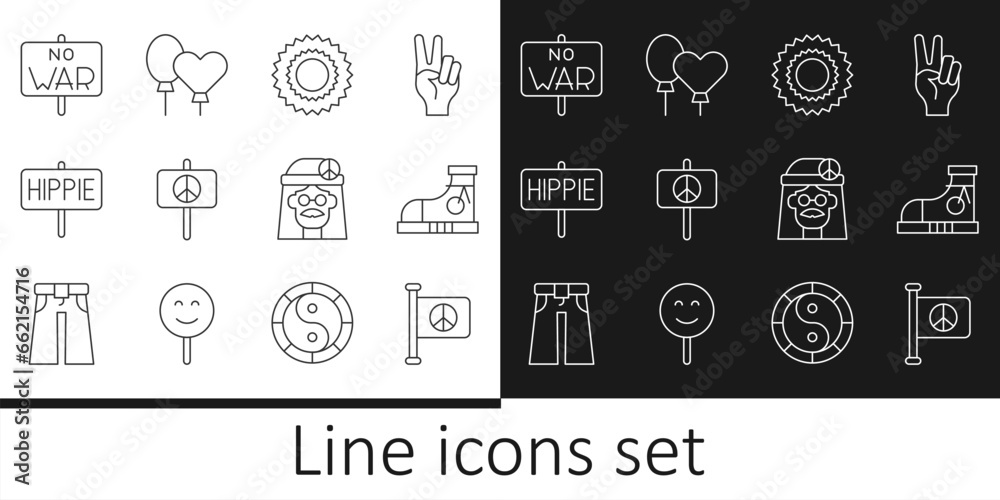 Set line Flag peace, Sneakers, Sun, Peace, No war, Hippie girl and Balloons icon. Vector
