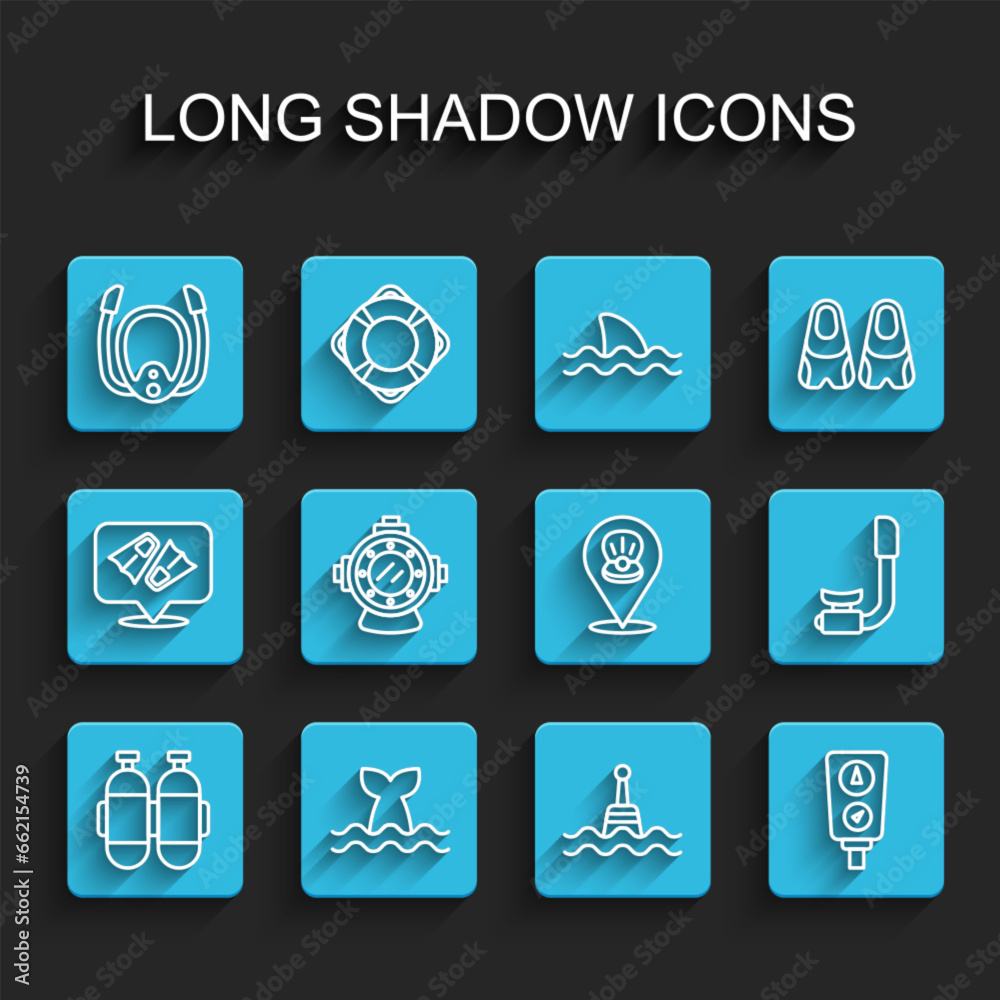 Set line Aqualung, Whale tail, Diving mask with snorkel, Floating buoy, Gauge scale, Snorkel and Scallop sea shell icon. Vector Set line Aqualung, Whale tail, Diving mask with snorkel, Floating buoy, Gauge scale, Snorkel and Scallop sea shell icon. Vector