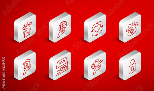 Set line Taking care of children, Hand holding Earth globe, Volunteer, Veterinary clinic, Leaf hand, Animal shelter house, Donation charity and Shelter for homeless icon. Vector