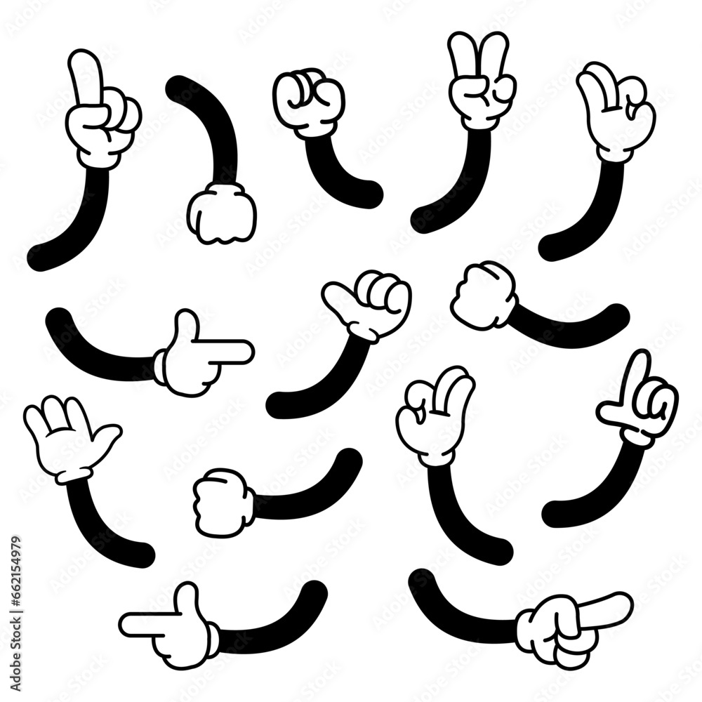 Set Of Hand Gestures Vector Illustration In Retro Cartoon Style Stock