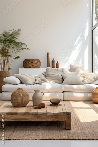 Un salon bohème moderne, minimaliste, confortable et élégant, avec des couleurs neutres. Inspiration pour la décoration intérieure. IA générative, IA photo