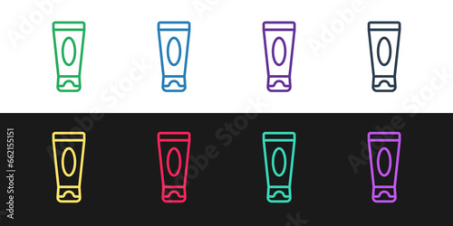 Set line Cream or lotion cosmetic tube icon isolated on black and white background. Body care products for men. Vector Illustration