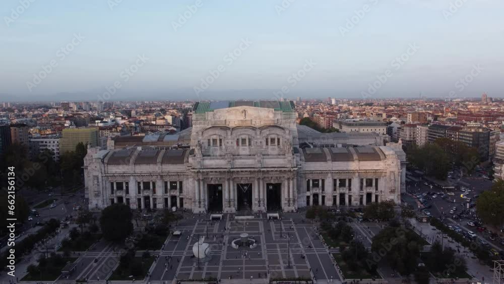 Milan (Italy) 08.10.2023 - Milan Central Station aerial view at sunset - 4k footage with professional drone Milan (Italy) 08.10.2023 - Milan Central Station aerial view at sunset - 4k footage with professional drone