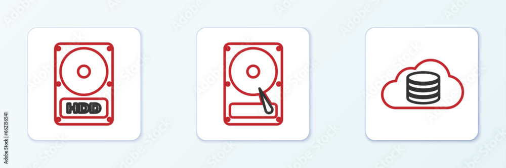 Set line Cloud database, Hard disk drive HDD and icon. Vector Set line Cloud database, Hard disk drive HDD and icon. Vector