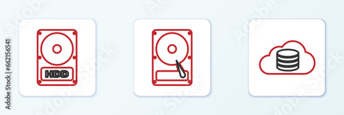 Set line Cloud database, Hard disk drive HDD and icon. Vector