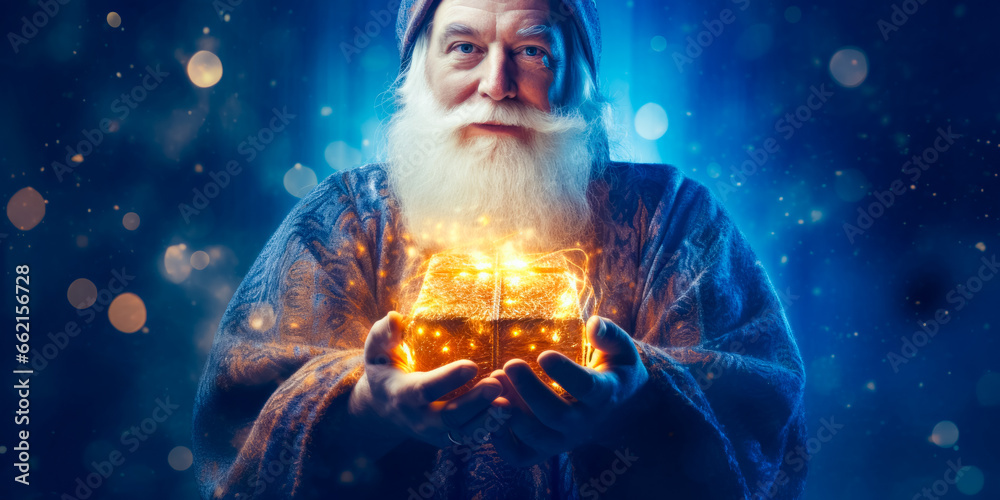 Santa Claus or Saint Nicholas holding magic gift box. Christmas time. Fairytale Santa Claus or Saint Nicholas holding magic gift box. Christmas time. Fairytale
