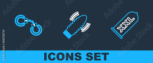 Set line Condom safe sex, Sexy fluffy handcuffs and Dildo vibrator for games icon. Vector