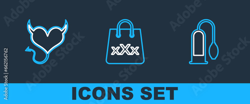 Set line Penis pump, Devil heart with horns and Shopping bag triple X icon. Vector