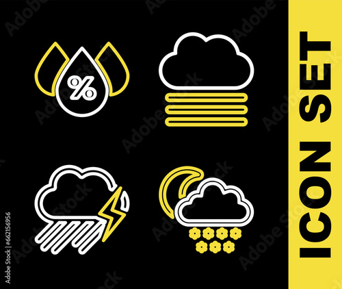 Set line Fog and cloud, Cloud with snow moon, rain lightning and Water drop percentage icon. Vector