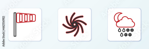 Set line Cloud with snow, rain, moon, Cone windsock wind vane and Tornado icon. Vector