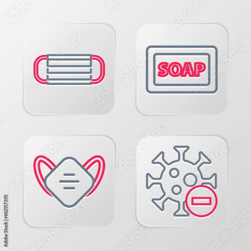 Set line Negative virus, Medical protective mask, Bar of soap and icon. Vector