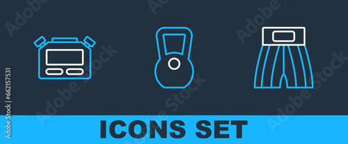 Set line Boxing short, Stopwatch and Kettlebell icon. Vector