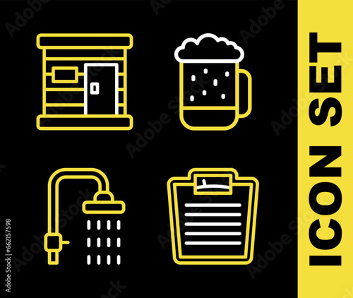 Set line Wooden beer mug, Bathroom scales, Shower and Sauna wooden bathhouse icon. Vector