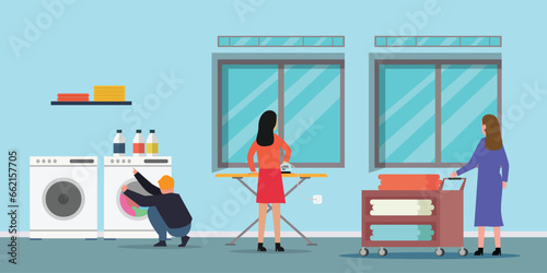 Home appliances and housekeeping. Process of loading washing machine 2d vector illustration concept for banner, website, landing page, flyer, etc