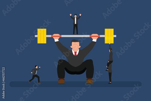 Business people work together lifting weights 2d vector illustration concept for banner, website, landing page, flyer, etc