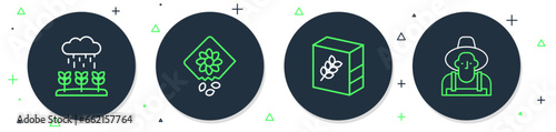Set line Pack full of seeds of plant, Flour pack, Plant sprouts grow in the rain and Farmer hat icon. Vector