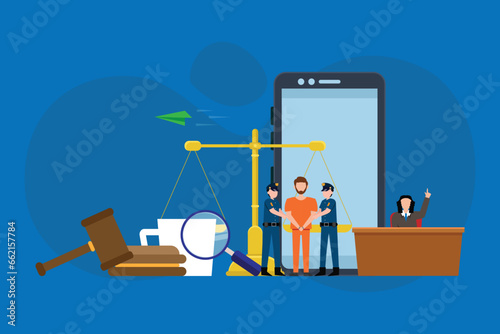 criminal caught by police officers. Trial in courtroom 2d vector illustration concept for banner, website, landing page, flyer, etc