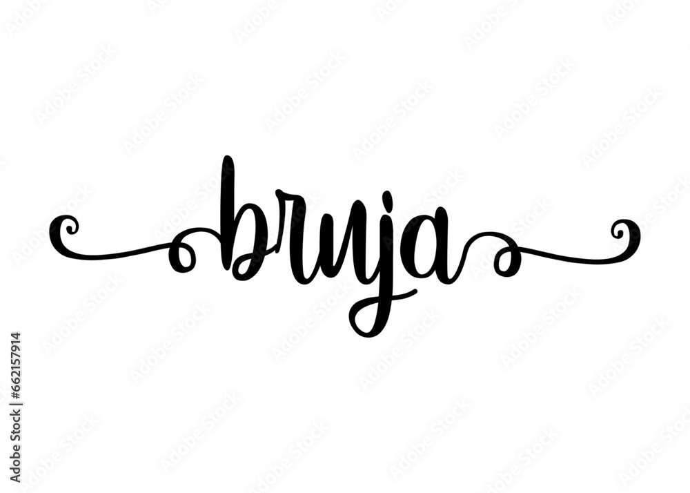 Logo con palabra en texto manuscrito bruja en español con raya de decoración de caligrafía para su uso en invitaciones y tarjetas de Halloween Logo con palabra en texto manuscrito bruja en español con raya de decoración de caligrafía para su uso en invitaciones y tarjetas de Halloween