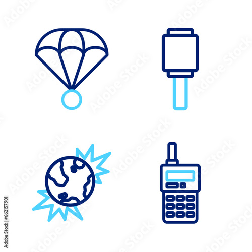 Set line Walkie talkie, Bomb explosive planet earth, Anti-tank hand grenade and Parachute icon. Vector