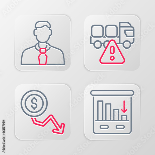 Set line Pie chart infographic, Dollar rate decrease, Stop delivery cargo truck and Worker icon. Vector