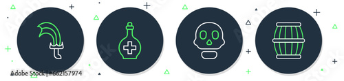 Set line Bottle with potion, Skull, Sword for game and Gun powder barrel icon. Vector