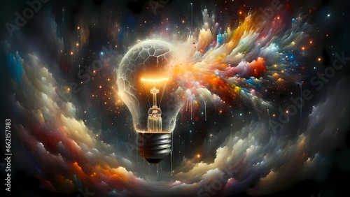 Vibrant bursts of color burst forth from a glowing light bulb in the midst of celestial clouds photo