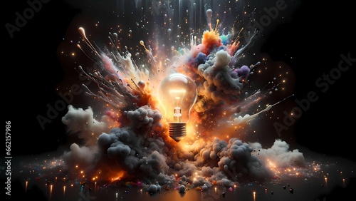 Amidst the cosmic clouds, a radiant light bulb explodes in a kaleidoscope of vibrant colors © Vishal