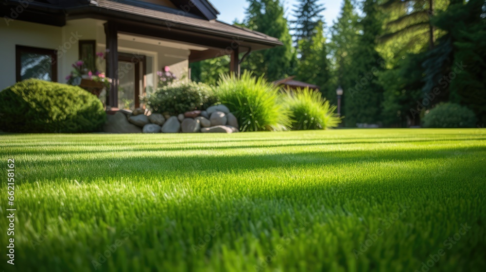 Beautiful view on cute backyard in sunny day, fresh green grass lawn in sunlight, landscaping in the garden, beauty of summer season Beautiful view on cute backyard in sunny day, fresh green grass lawn in sunlight, landscaping in the garden, beauty of summer season
