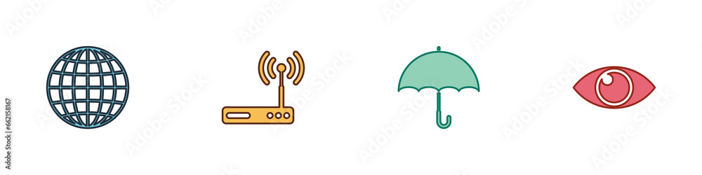 Set Earth globe, Router and wi-fi, Umbrella and Eye icon. Vector Set Earth globe, Router and wi-fi, Umbrella and Eye icon. Vector