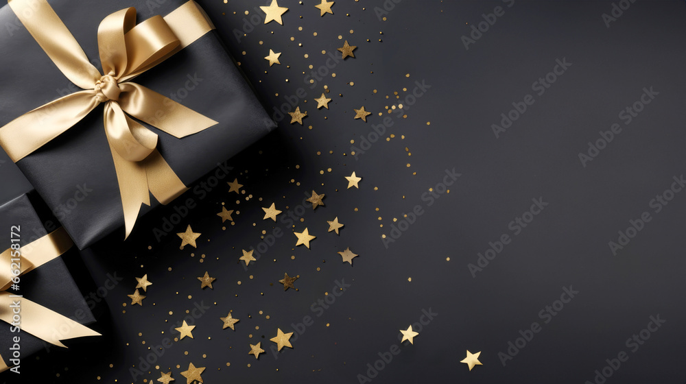 Christmas gift boxes with golden ribbon bow and stars on gray background, Xmas greeting card, top view with copy space. Christmas gift boxes with golden ribbon bow and stars on gray background, Xmas greeting card, top view with copy space.