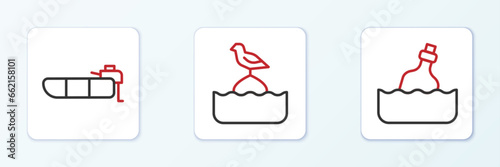 Set line Bottle with message in water, Inflatable boat motor and Seagull sits on buoy icon. Vector