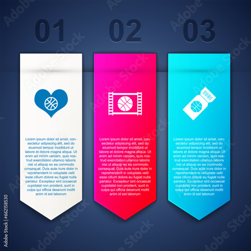Set Heart with basketball ball, Basketball game video and ticket. Business infographic template. Vector