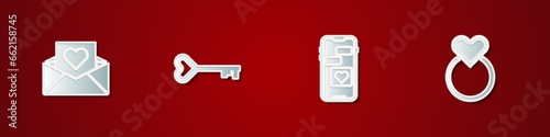 Set Envelope with Valentine heart, Key shape, Mobile and Wedding rings icon. Vector