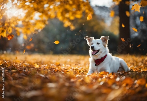 AI generated illustration of a dog on a meadow with yellow trees in autumn