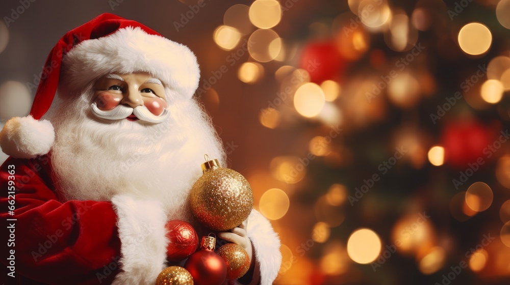 Claus near the Christmas tree on a blurred background of bokeh lights Claus near the Christmas tree on a blurred background of bokeh lights