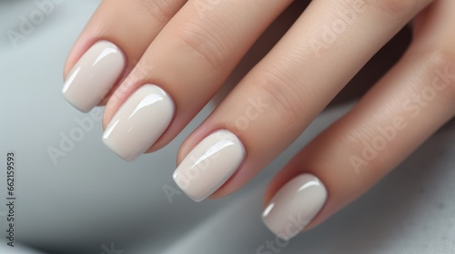 Beautiful manicure. Long almond shaped nails. Nail design. Manicure with gel polish. Close-up of the hand of a young woman with a gentle manicure on her nails. Bright nails with gel polish.