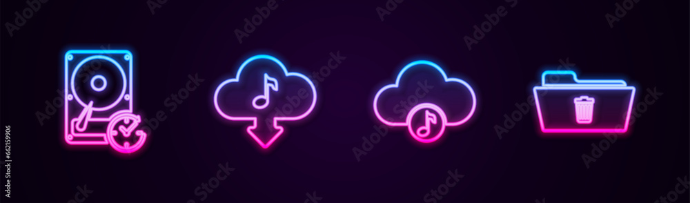 Set line Hard disk drive with clockwise, Cloud download music, Music streaming service and Delete folder. Glowing neon icon. Vector Set line Hard disk drive with clockwise, Cloud download music, Music streaming service and Delete folder. Glowing neon icon. Vector