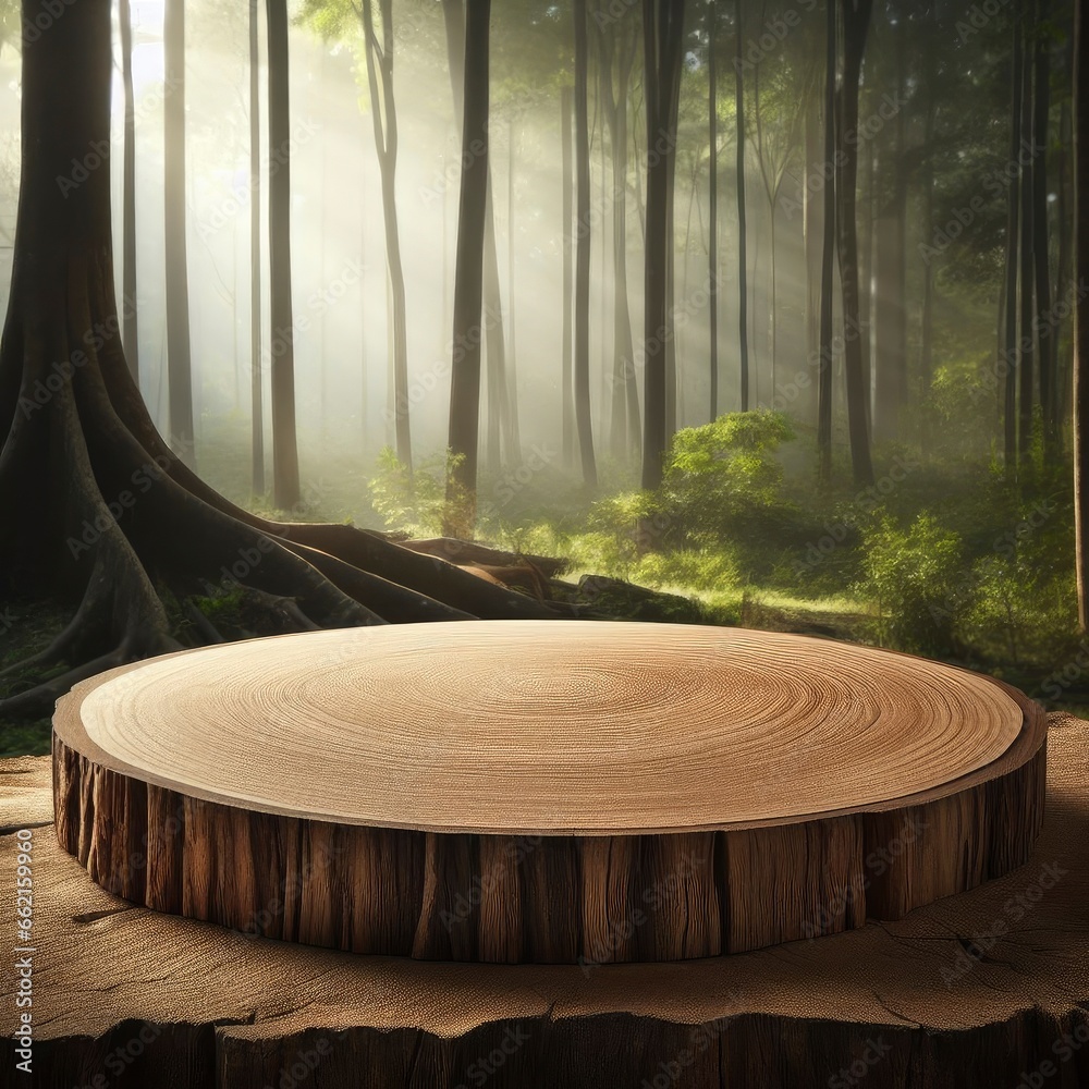 Fototapeta premium Natural Product presentation wooden podium pedestal platform in Jungle Tropical forest with studio natural lighting 3d render background cosmetics brands cinematic advertisement tree trunk copy space.
