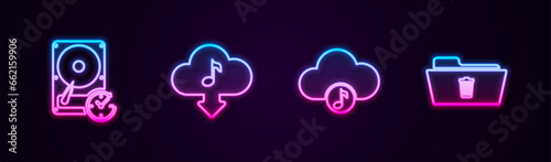 Set line Hard disk drive with clockwise, Cloud download music, Music streaming service and Delete folder. Glowing neon icon. Vector