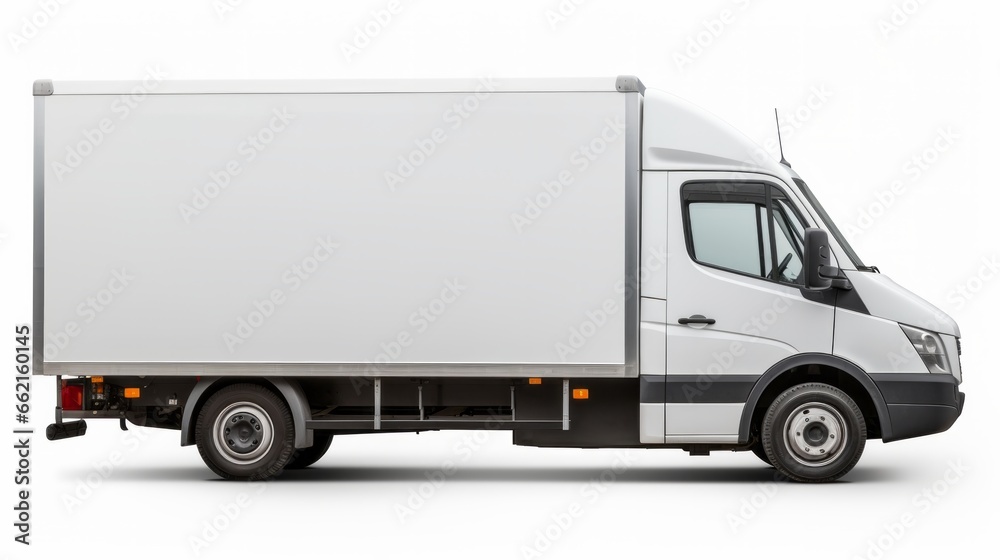 A white delivery truck on a clean white background